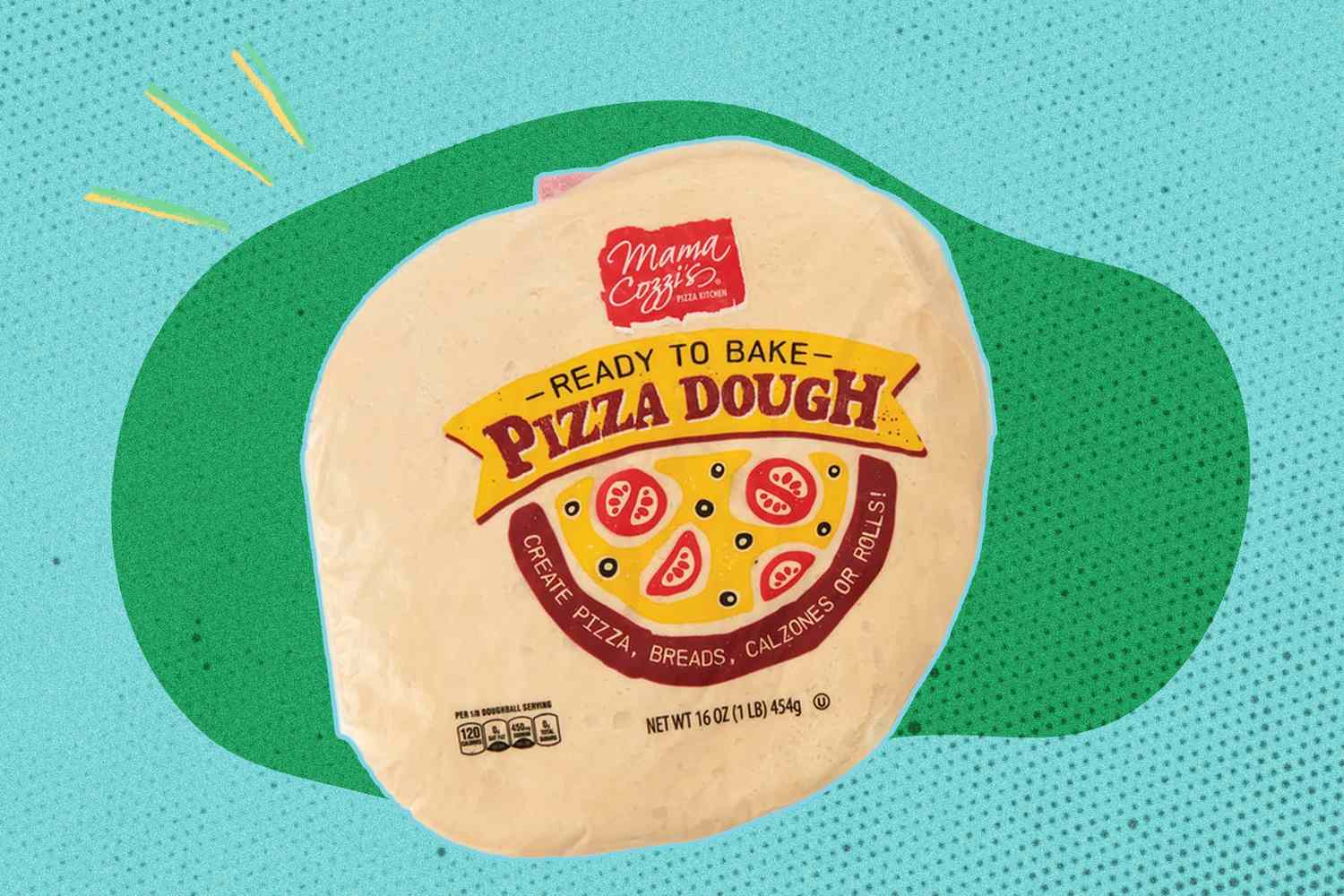 Package of ready-to-bake pizza dough labeled Mama Cozzi's on a colorful background
