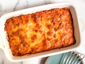 4-ingredient ravlioli lasagna in a casserole dish 