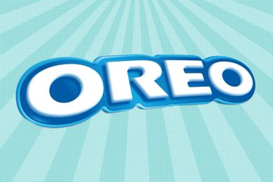 The Oreo logo with bold white letters on a blue background featuring radial lines