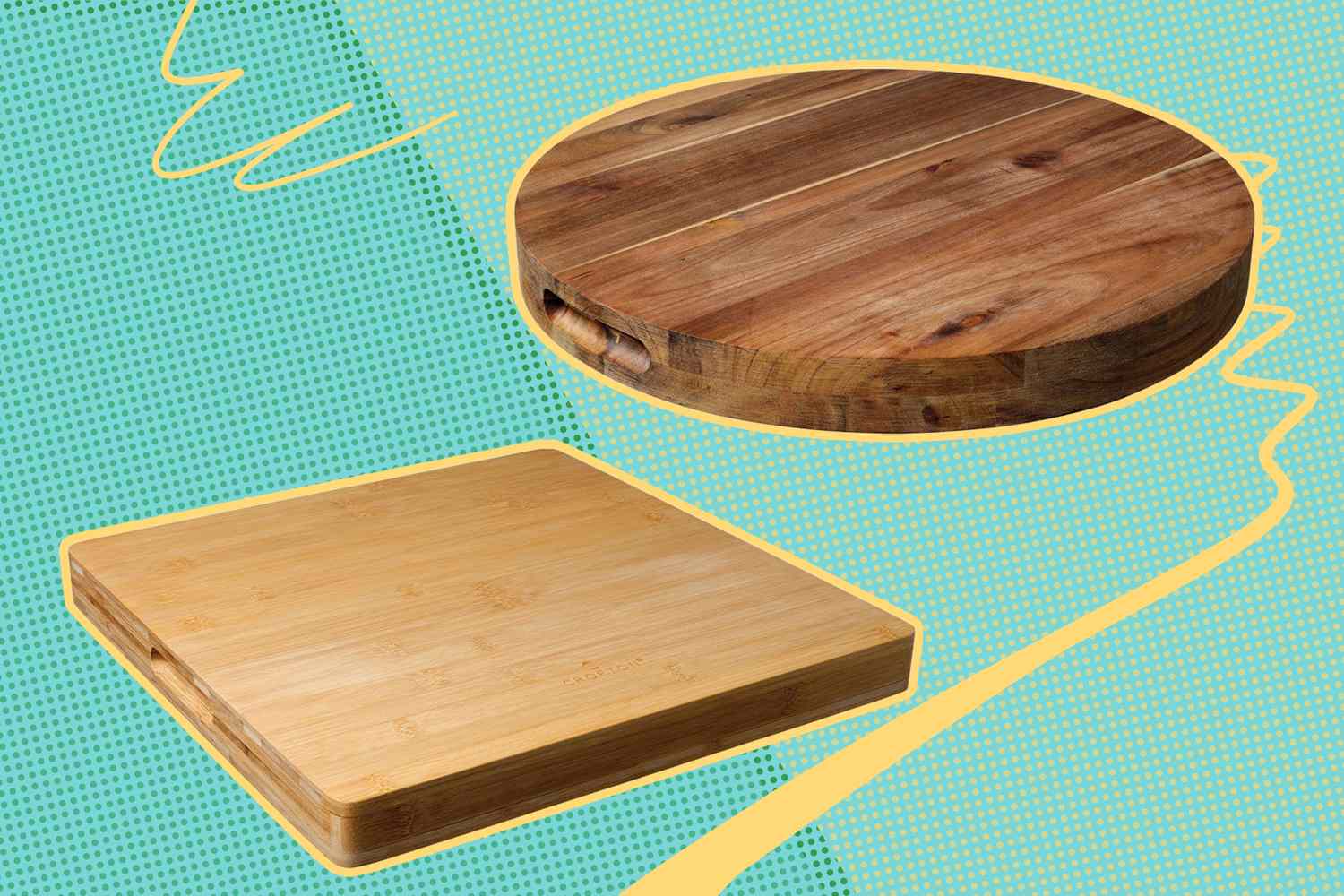 Round and square wooden cutting boards displayed side by side
