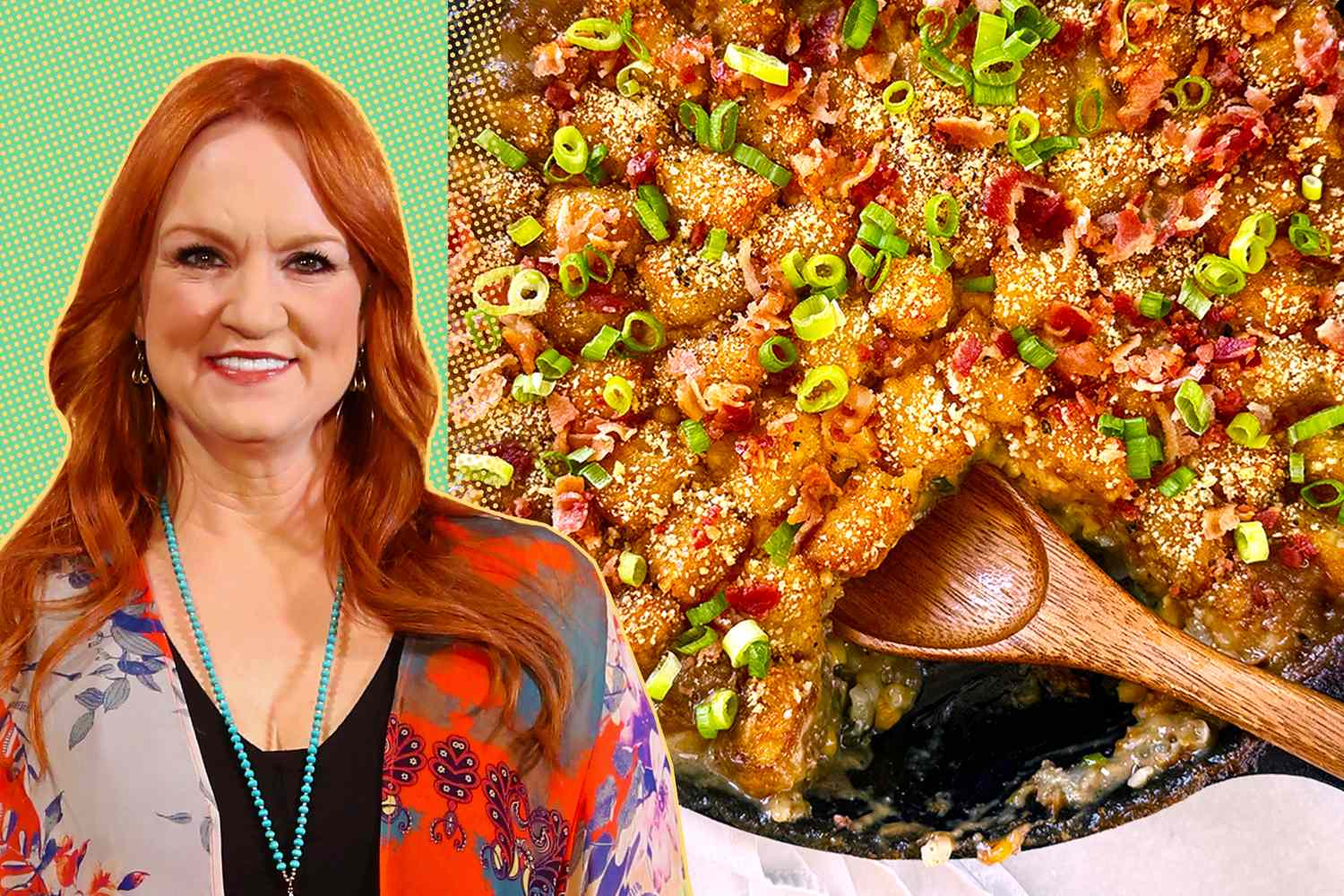 Ree Drummond next to a dish of cowboy casserole with a wooden spoon