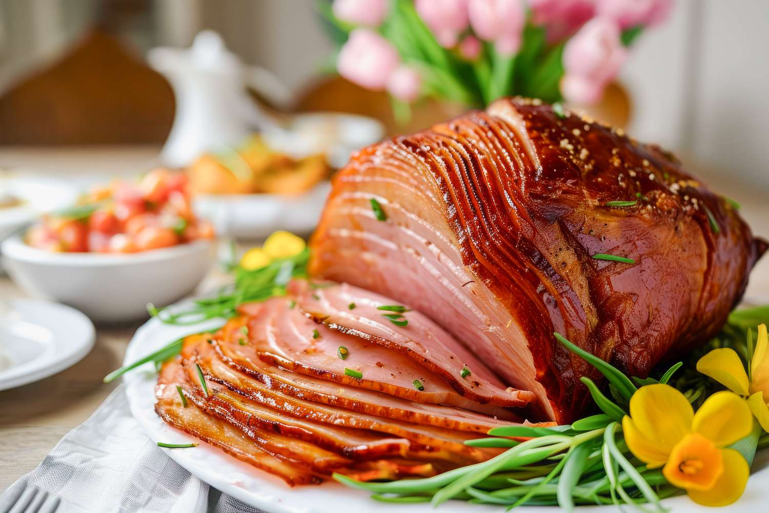 Spiral sliced ham for Easter brunch, honey glazed ham on the table