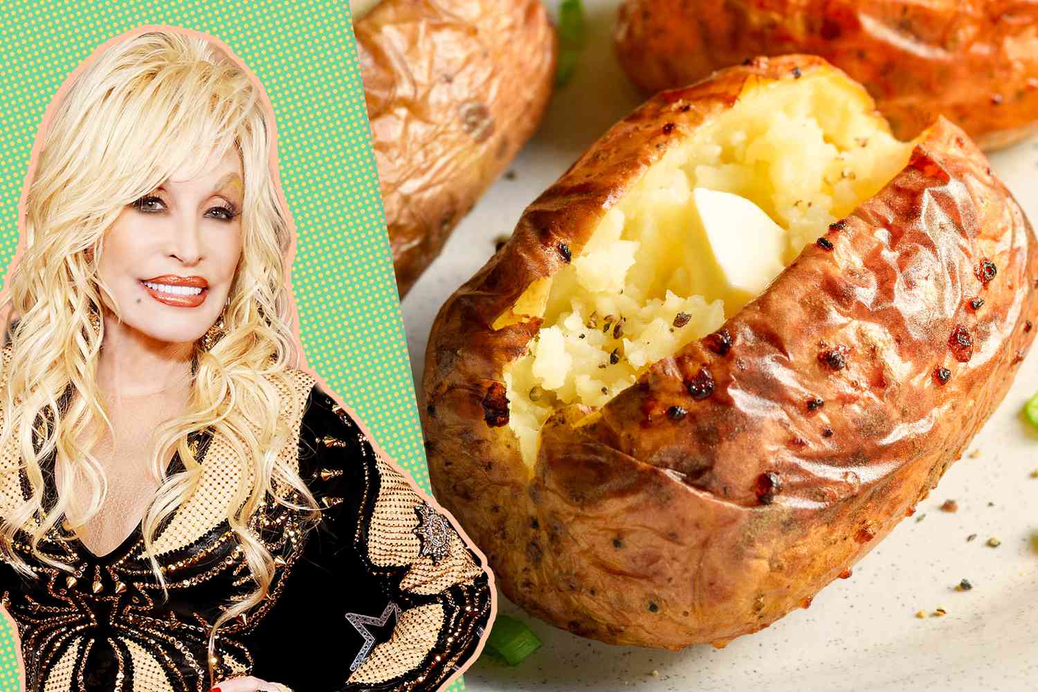 A split image with Dolly Parton on the left and a baked potato on the right