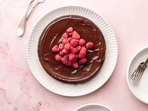 Flourless Chocolate Cake Garnished with Raspberries