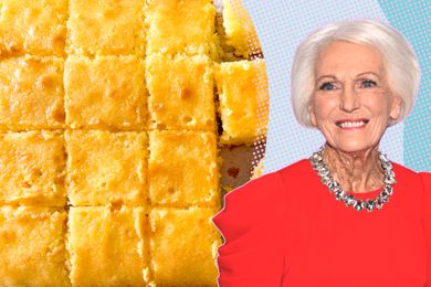 Mary Berry next to a tray of baked cut square cake pieces - - Mary Berry’s Lemon Drizzle Traybake Cake