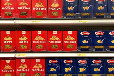 Boxes of Barilla pasta on store shelves