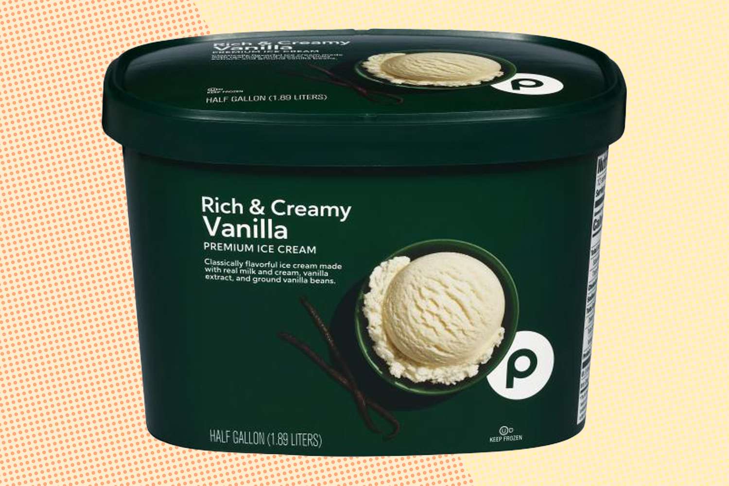 Container of Rich Creamy Vanilla ice cream with a scoop depicted on the packaging