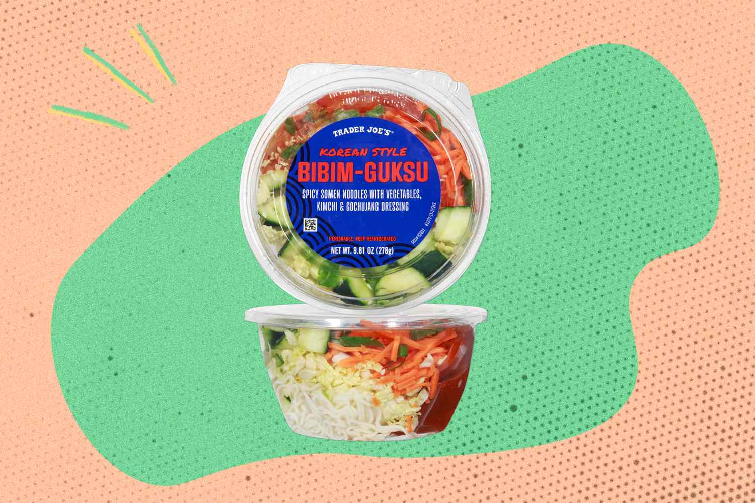 Trader Joe's Korean-style Bibim Guksu packaged food item against a dotted background