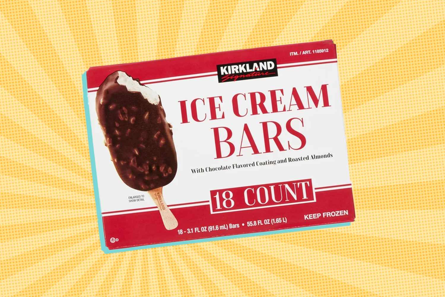A Costco Kirkland brand ice cream bars package with almond coating displayed on a background with radial lines