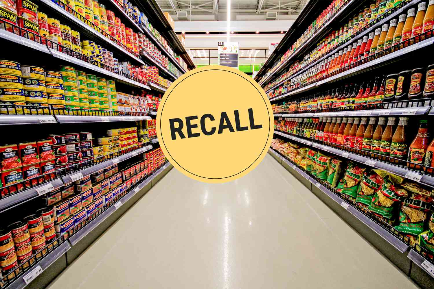 A grocery store aisle with a "recall" badge superimposed over it