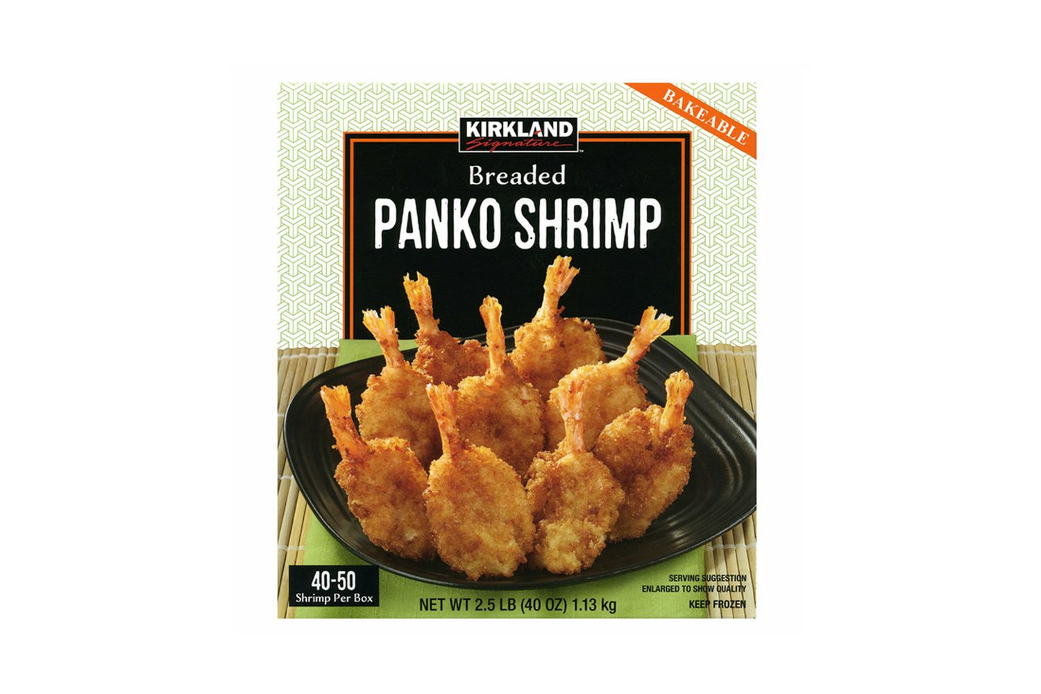 Kirkland brand breaded panko shrimp in a package featuring crispy fried shrimp on the packaging design