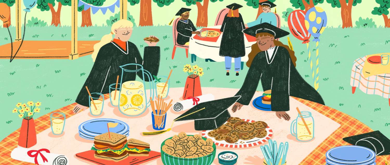 Illustration of graduates around a picnic table