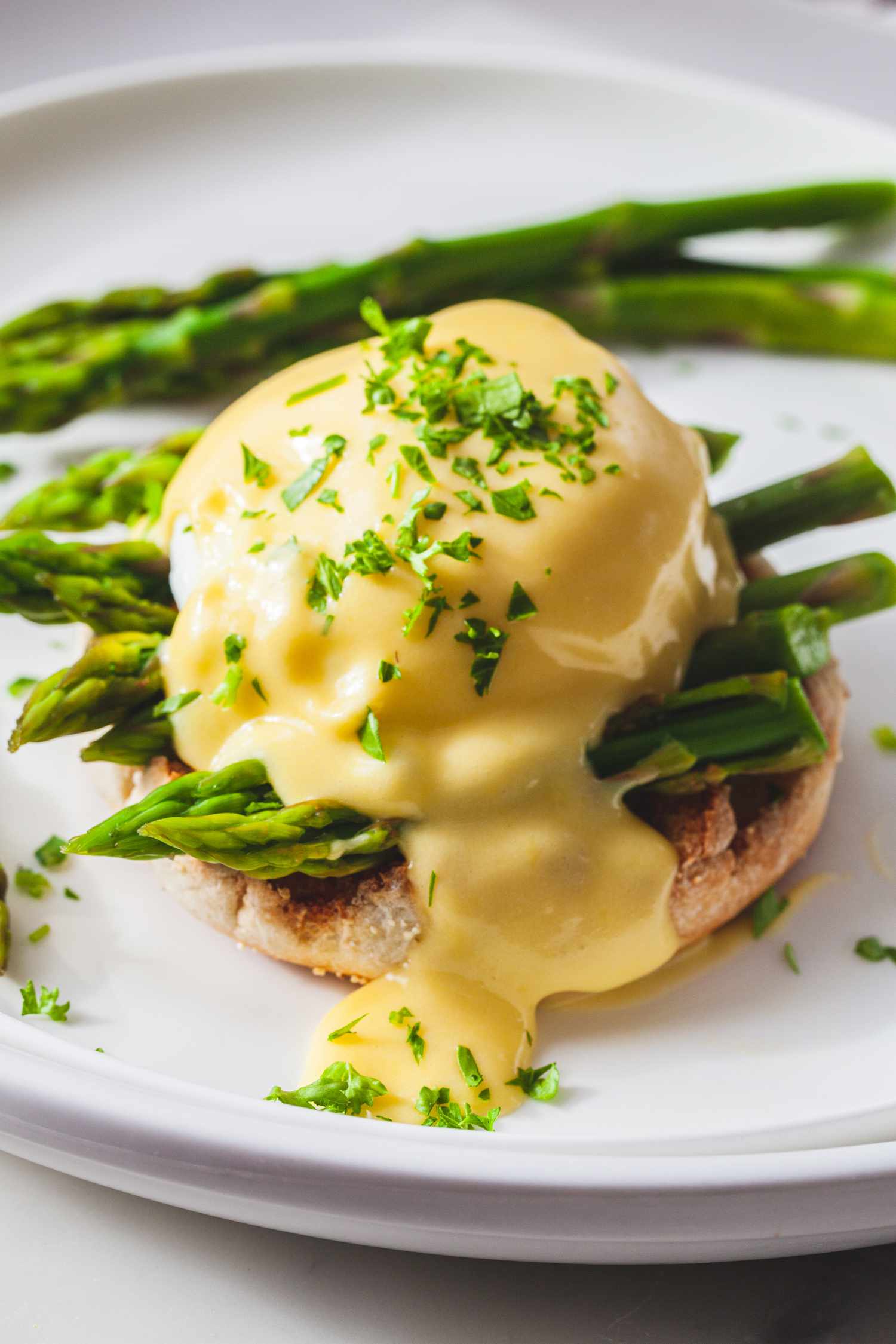 20 Minute Hollandaise Sauce on an asparagus egg benedict.