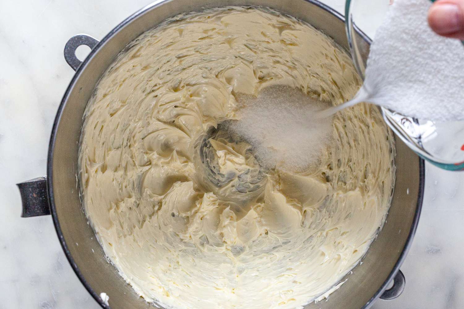 Overhead view of creaming butter and sugar to make Laura Bush's Cowboy Cookies