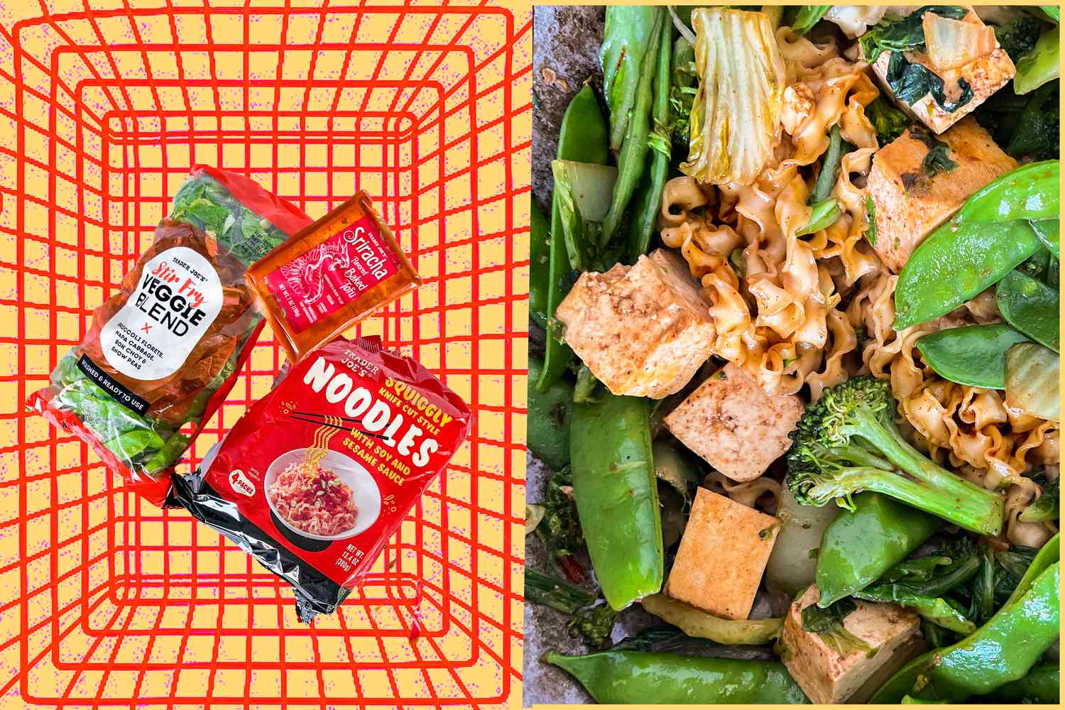 fearless meals: 3-ingredient stir fry noodles ingredients in a store basket graphic next to a photo of 3-ingredient stir fry noodles