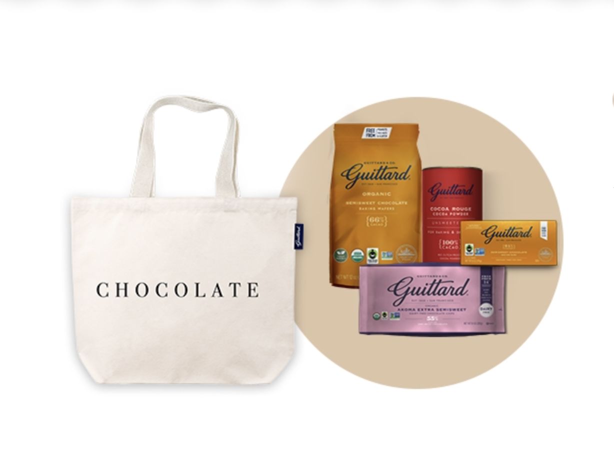 A bag labeled Chocolate alongside various Guittard chocolate products