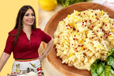 A split image of Pasta Queen and a plate of creamy pasta served with greens on the side