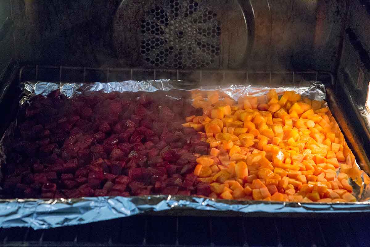 Beets and carrots roasting in the oven