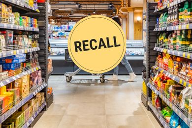 Grocery store aisle with a recall notice icon overlayed