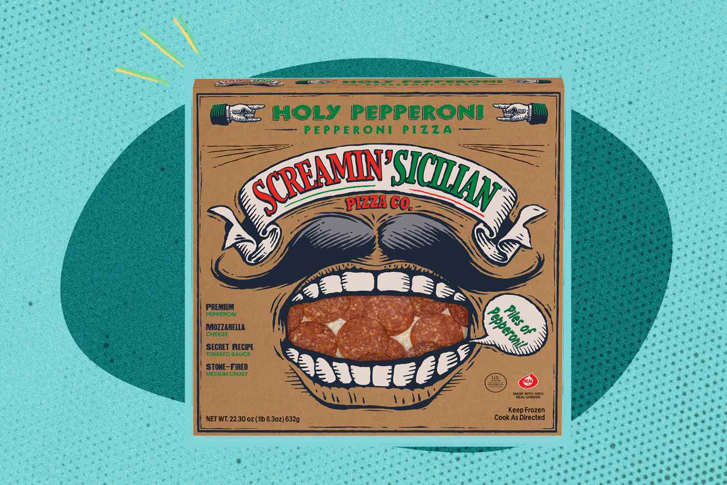 Packaging for Screamin Sicilian Holy Pepperoni frozen pizza with distinctive design showing a mouth with mustache and teeth