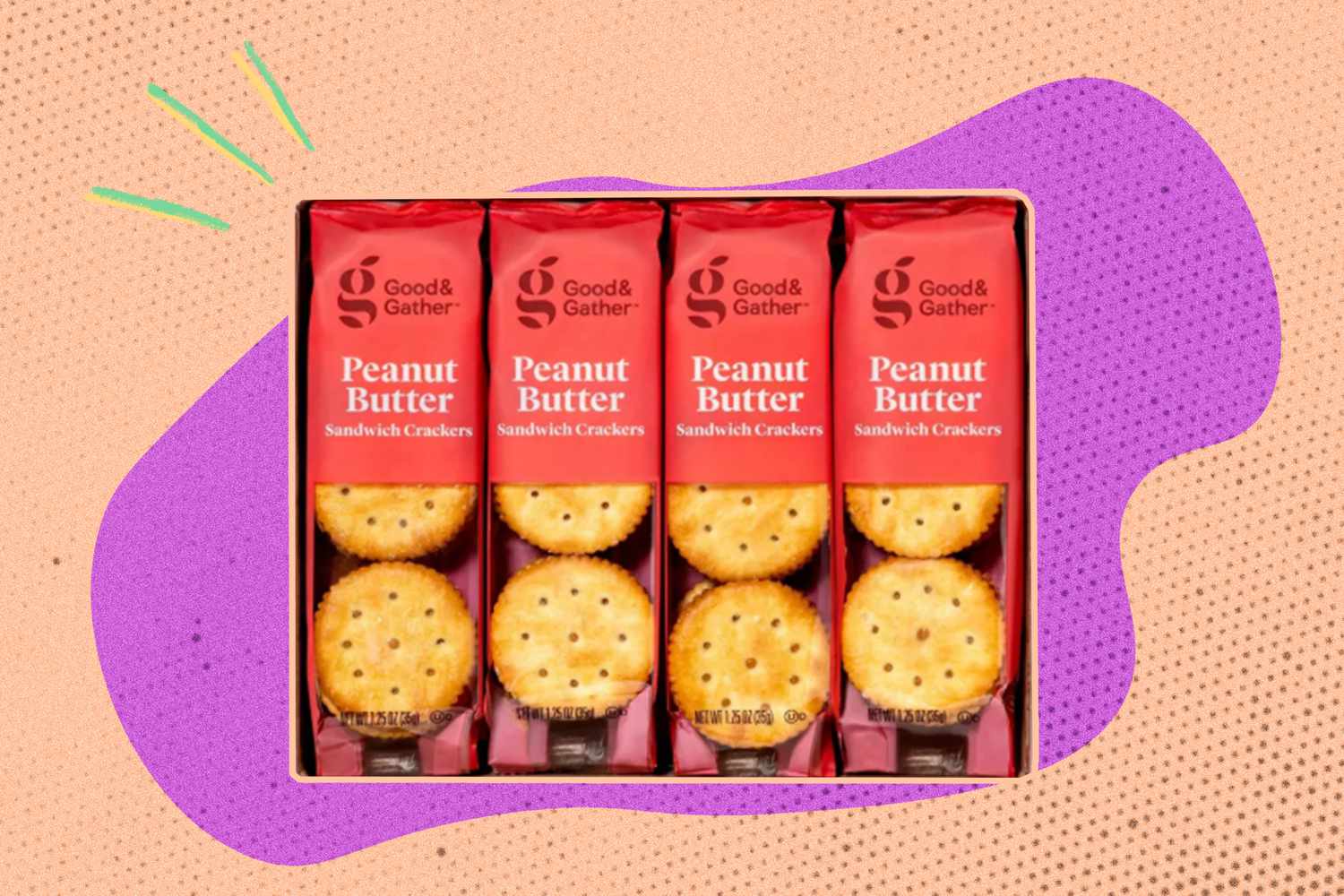 A box of Good & Gather peanut butter sandwich crackers on an illustrated purple and pink background