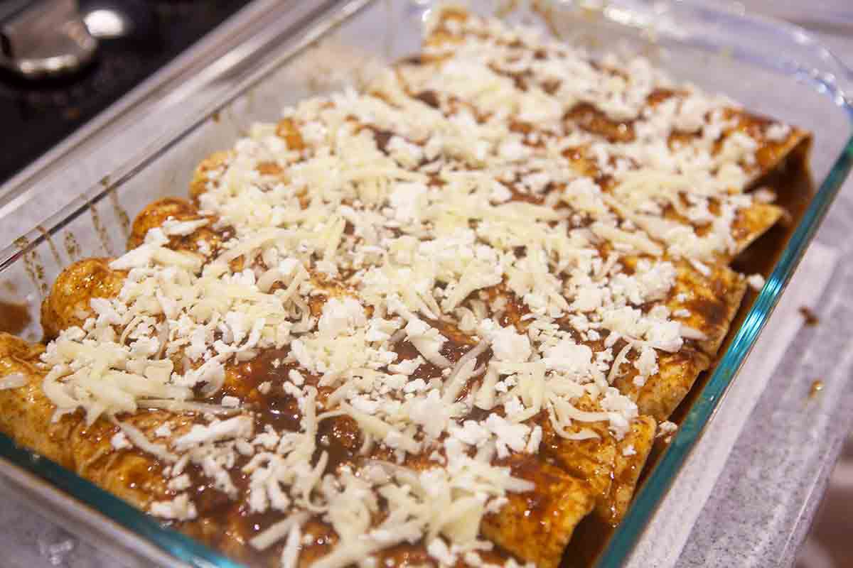 turkey black bean enchiladas in casserole dish