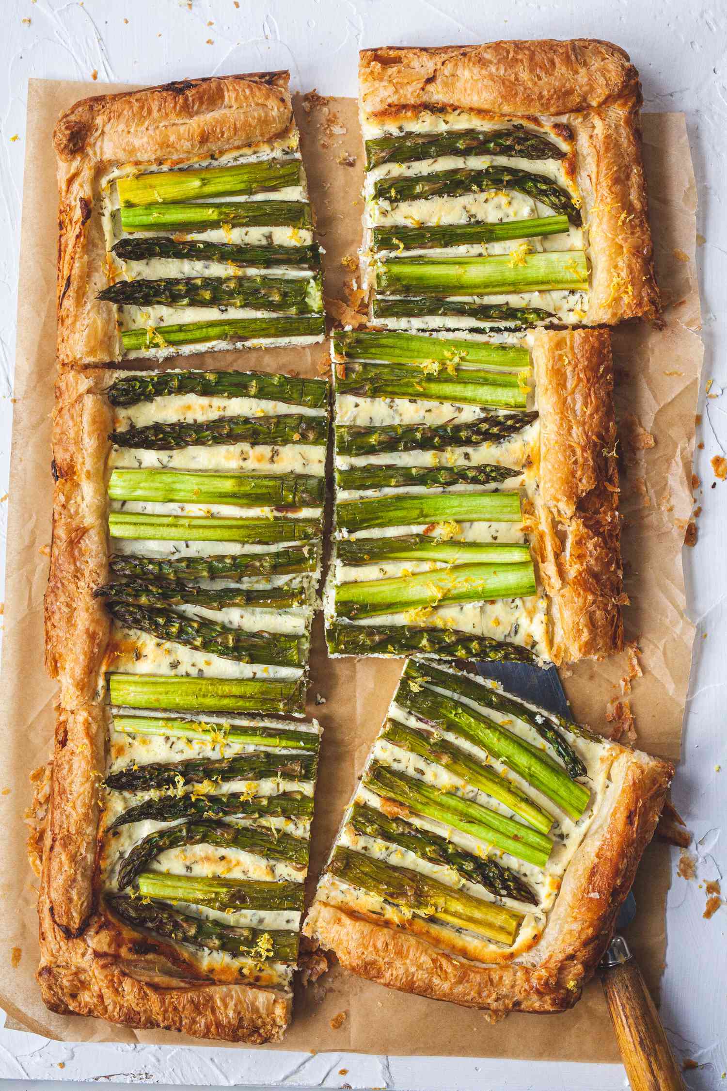 Asparagus Tart with Goat Cheese and Lemon cut into six servings.