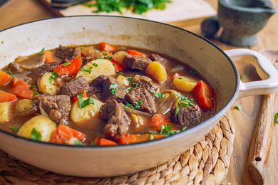 Closeup of a Dutch oven with beef stew