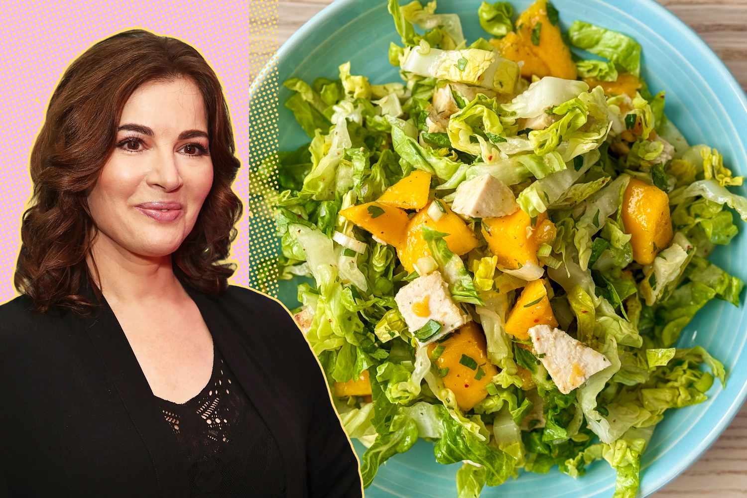 Nigella Lawson next to a plate of salad with greens, mango, and chicken