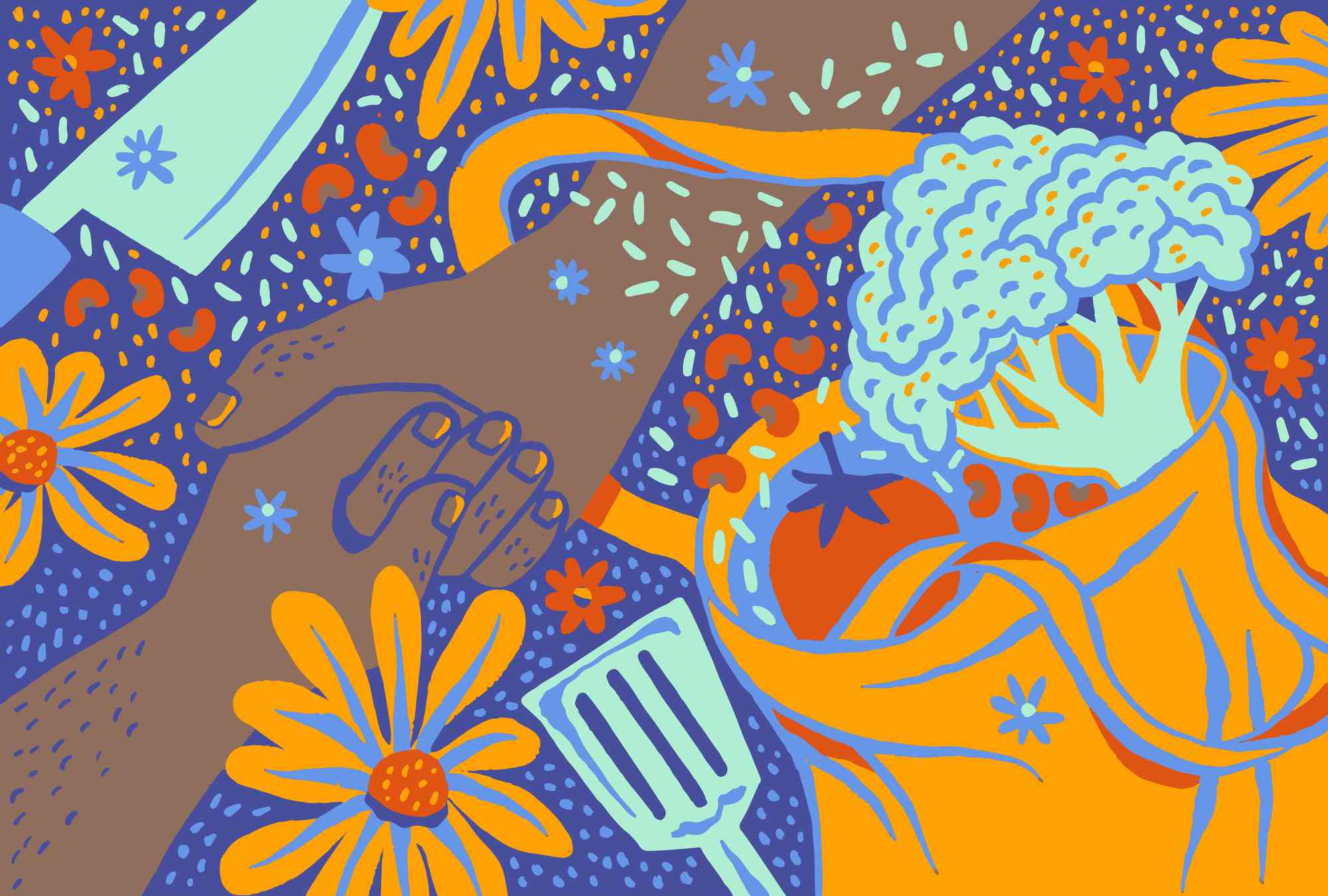 Illustration featuring intertwined hands, flowers, and cooking items such as a knife, spatula, and vegetables in a pot