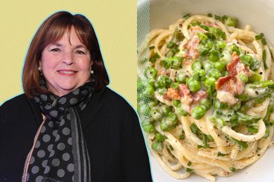Headshot of Ina Garten next to an overhead photo of her Easy Spring Pasta Recipe
