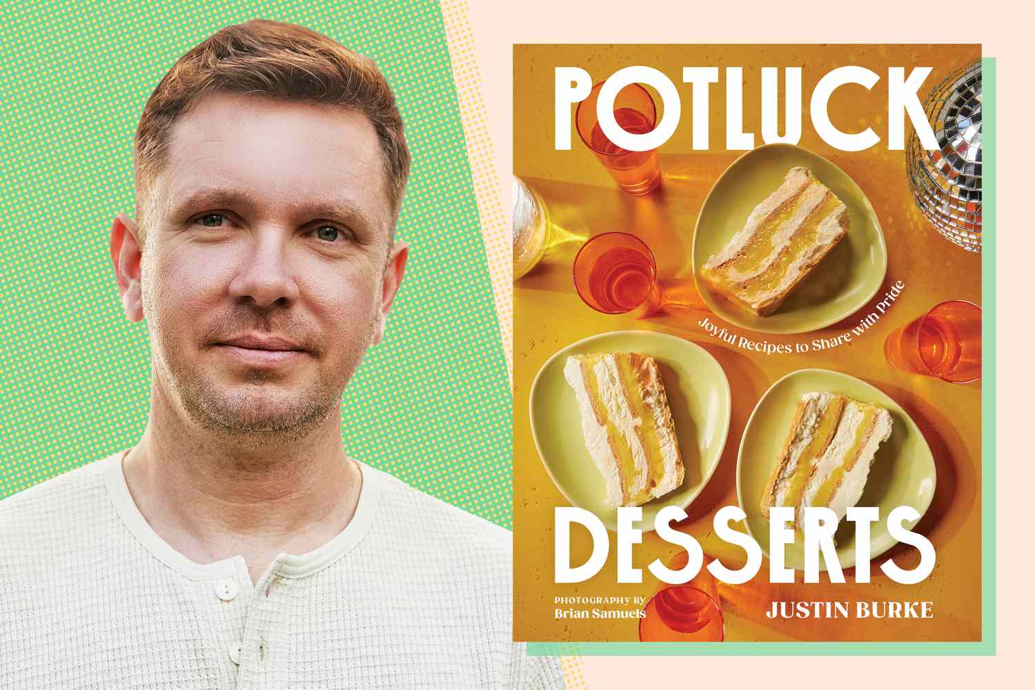 A man next to the 'Potluck Desserts' book cover with images of layered desserts on plates
