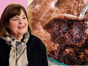 Ina Garten next to a closeup of brownie pudding being served with a spoon