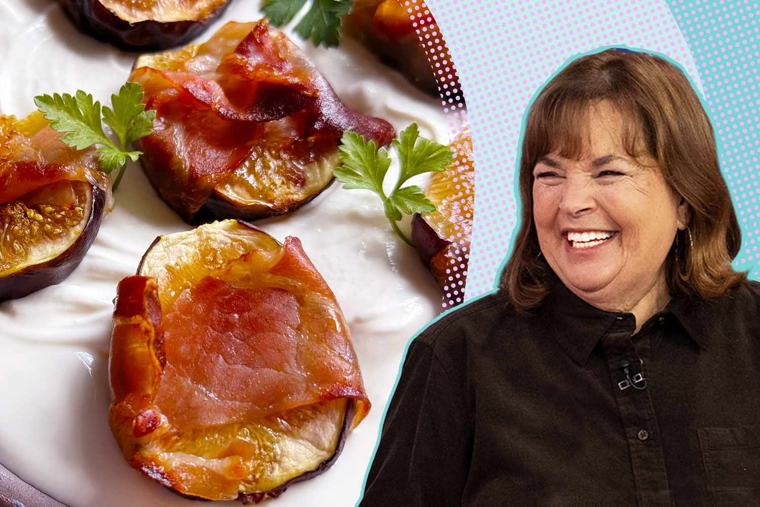 Ina Garten smiling next to a dish of fig and prosciutto appetizers on a plate with cream and garnishes