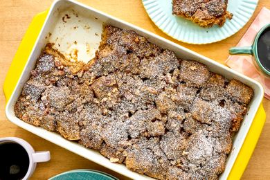 Banana bread breakfast casserole in a yellow baking dish on a table