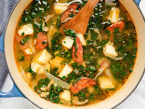 large pot of Caldo Verde (Portuguese Kale Soup)