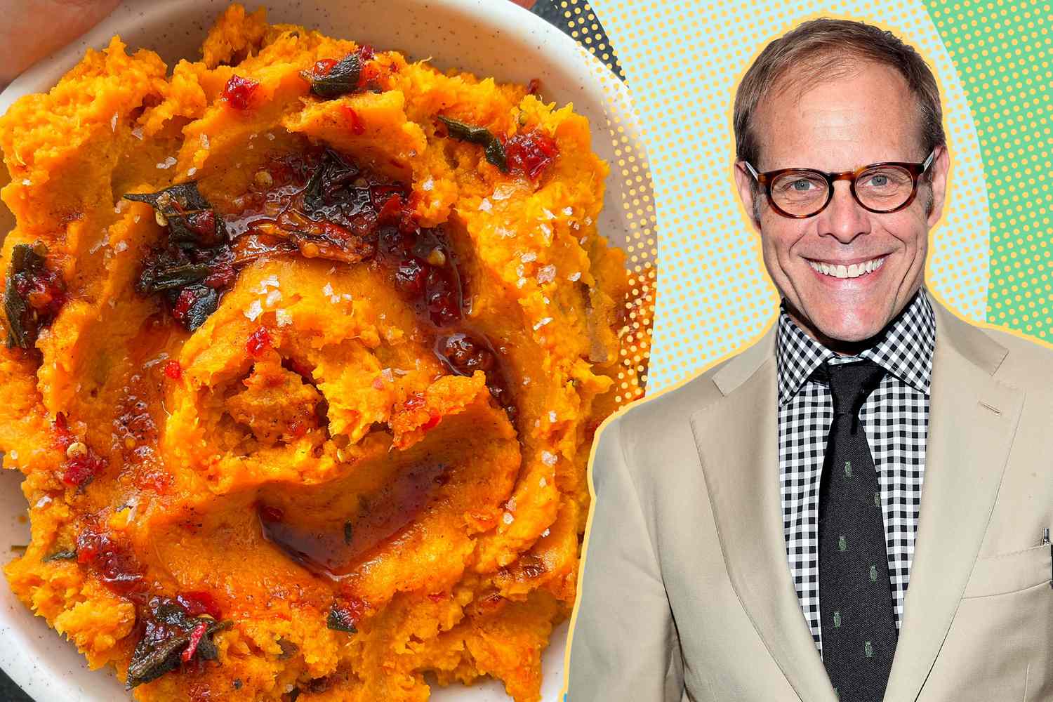 alton brown cut out over a green background next to a bowl of mashed sweet potatos