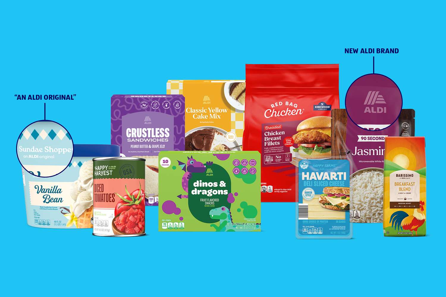 An assortment of Aldi brand packaged food products displayed on a blue background