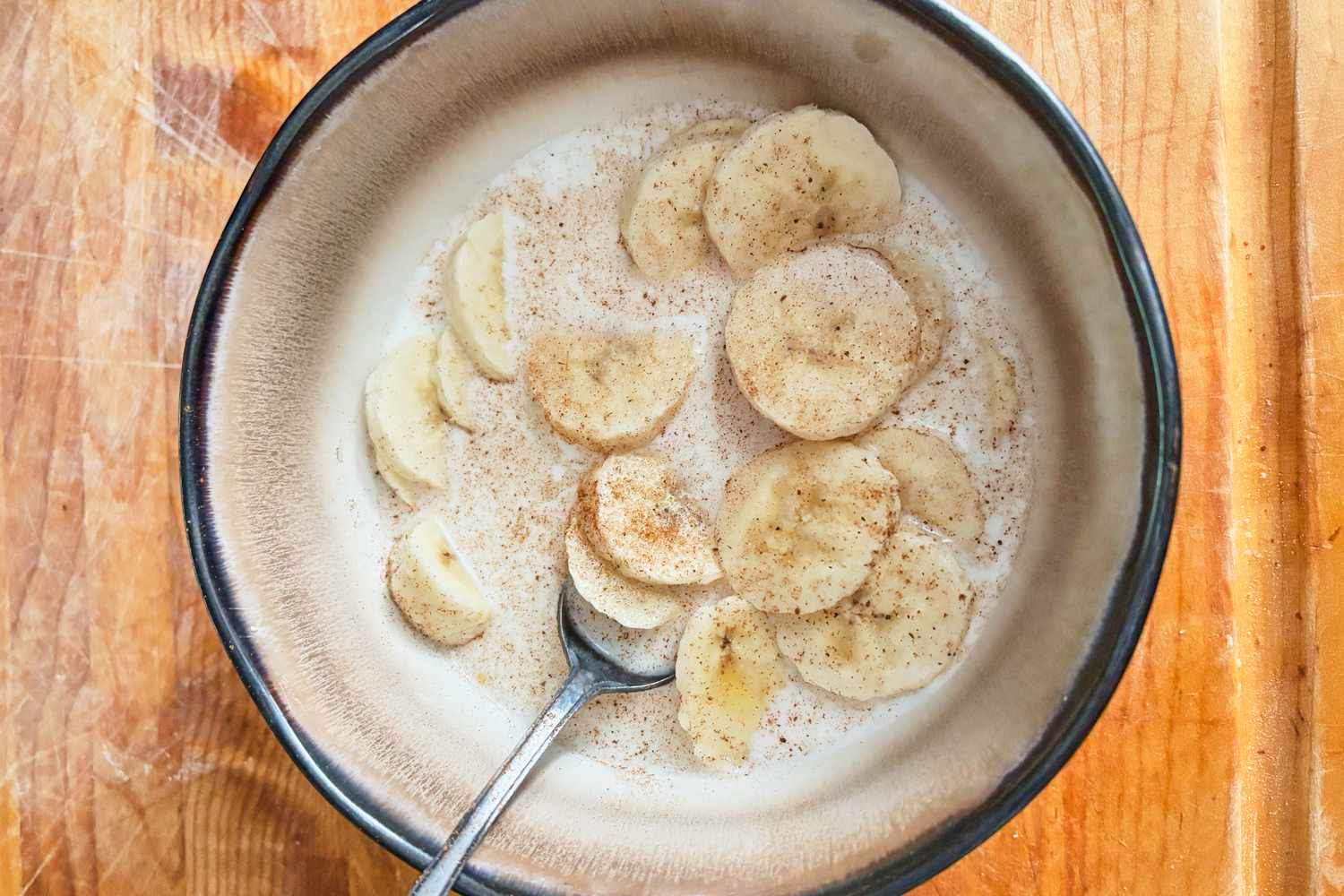 A bowl containing sliced bananas in milk with a sprinkle of cinnamon and a spoon