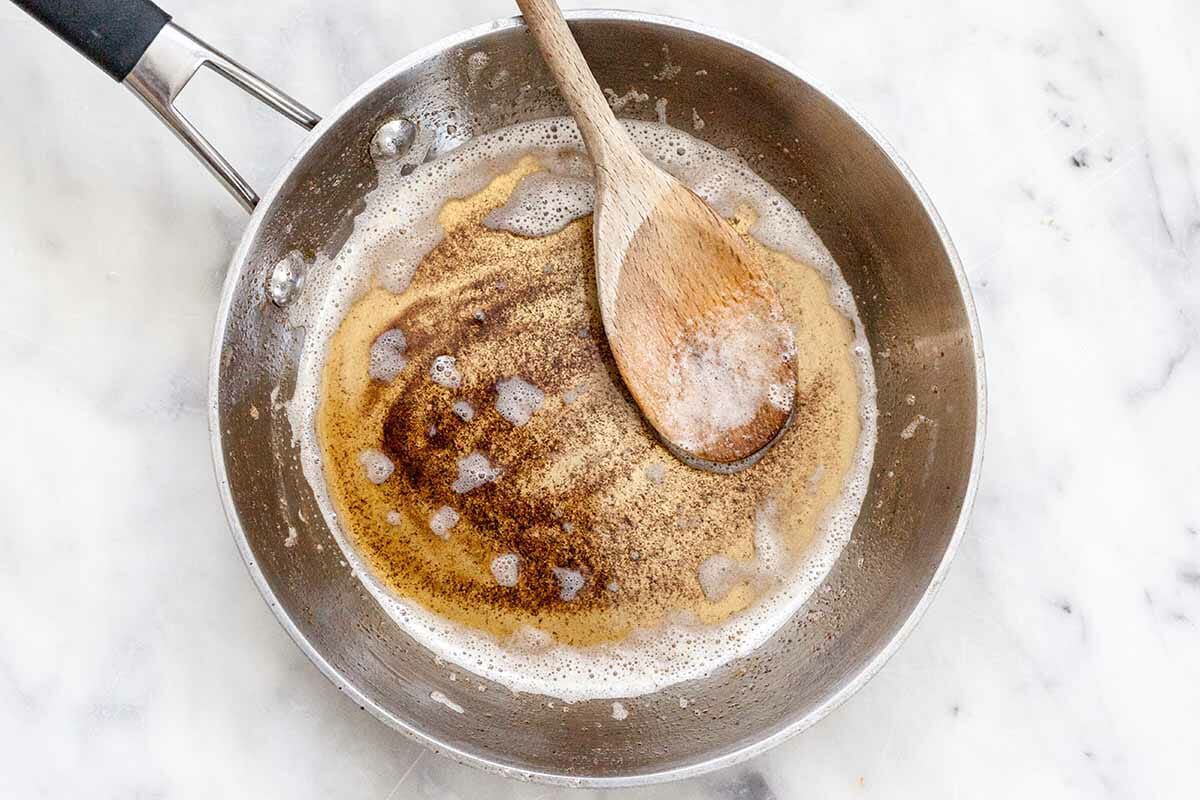 Mushroom Pasta with Brown Butter browning the butter