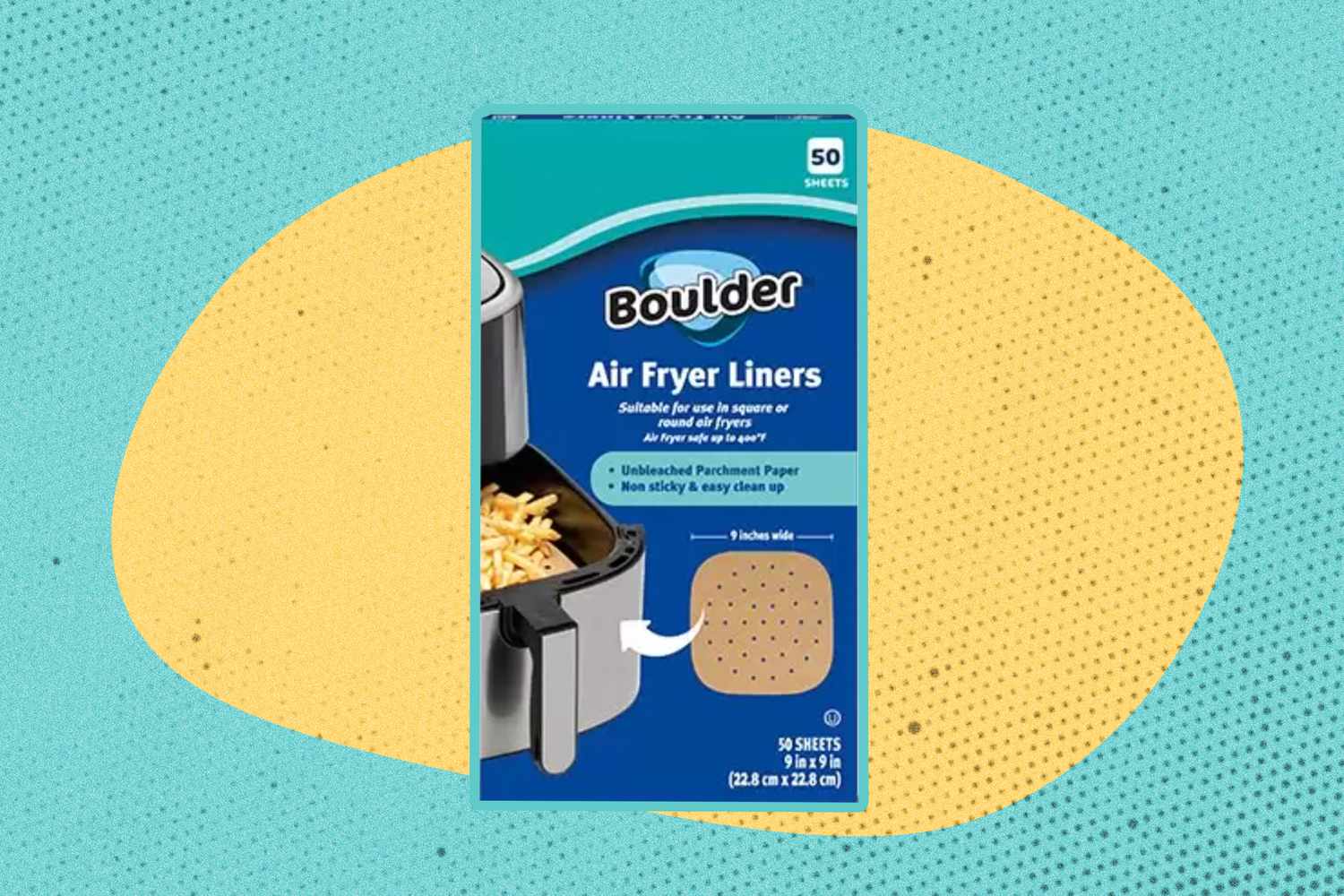 A pack of Boulder Air Fryer Liners on an illustrated background