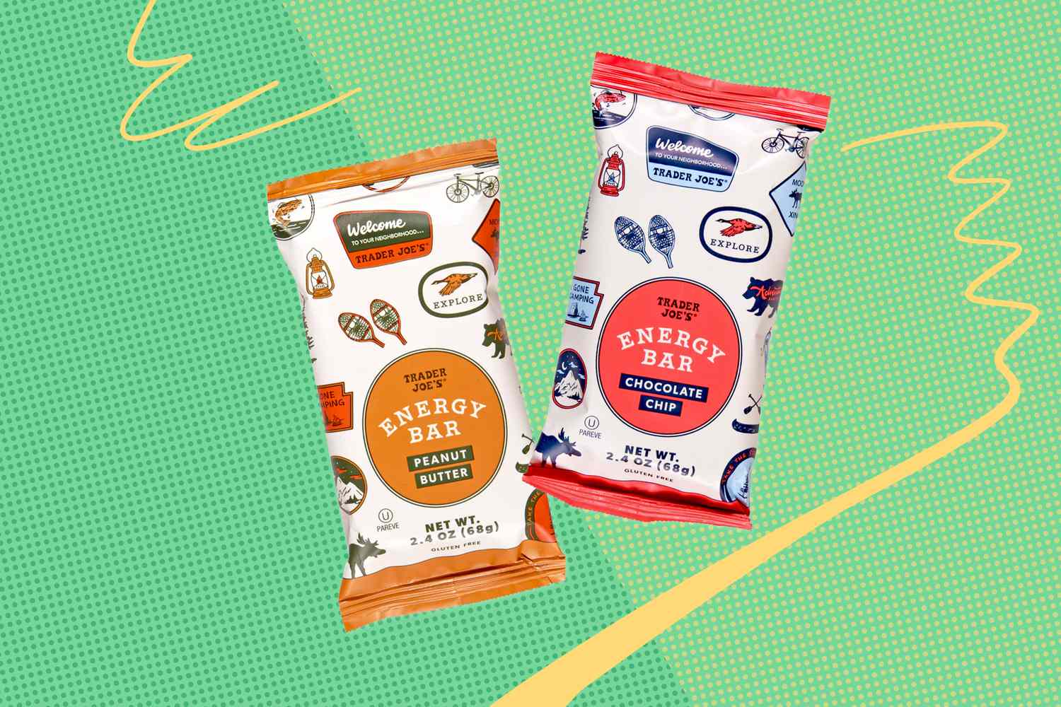 Trader Joe's Peanut Butter and Chocolate chip Energy Bars on a green speckled background with yellow stripes