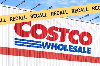 Costco Wholesale building facade with recall tape overlaid