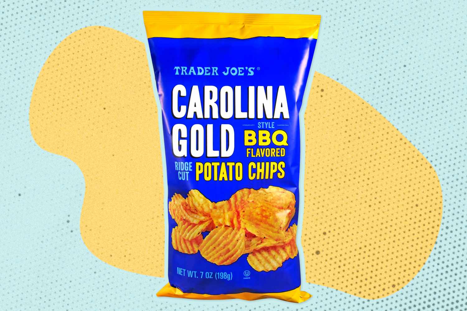 trader joe's carolina gold bbq chips bag over a colorful background