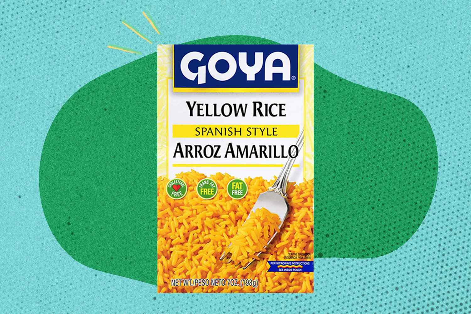 A Goya Yellow Rice package on an illustrated green and blue background