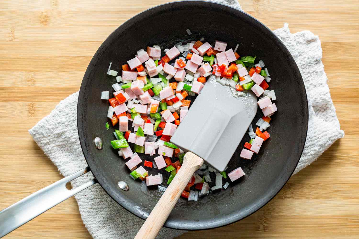 Onion, Pepper, and Ham in Pan for Omelet Recipe