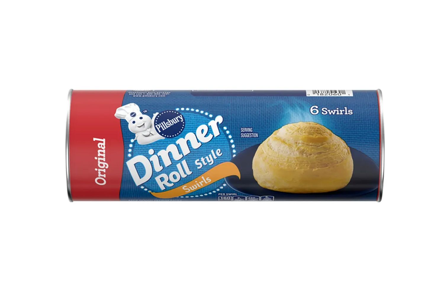 Pillsbury dinner roll packaging with label and photo of a baked roll