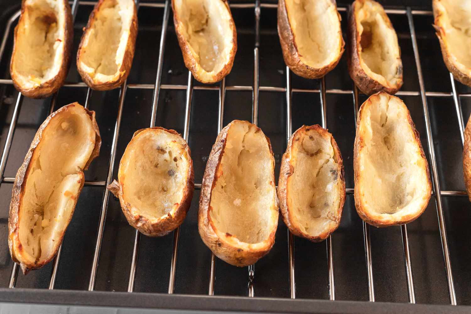 Potato skins baking in the oven.