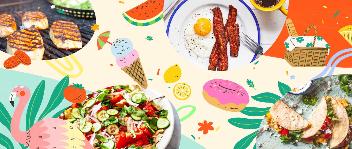 Pork on grill, large salad, fried egg and bacon, and tacos. 