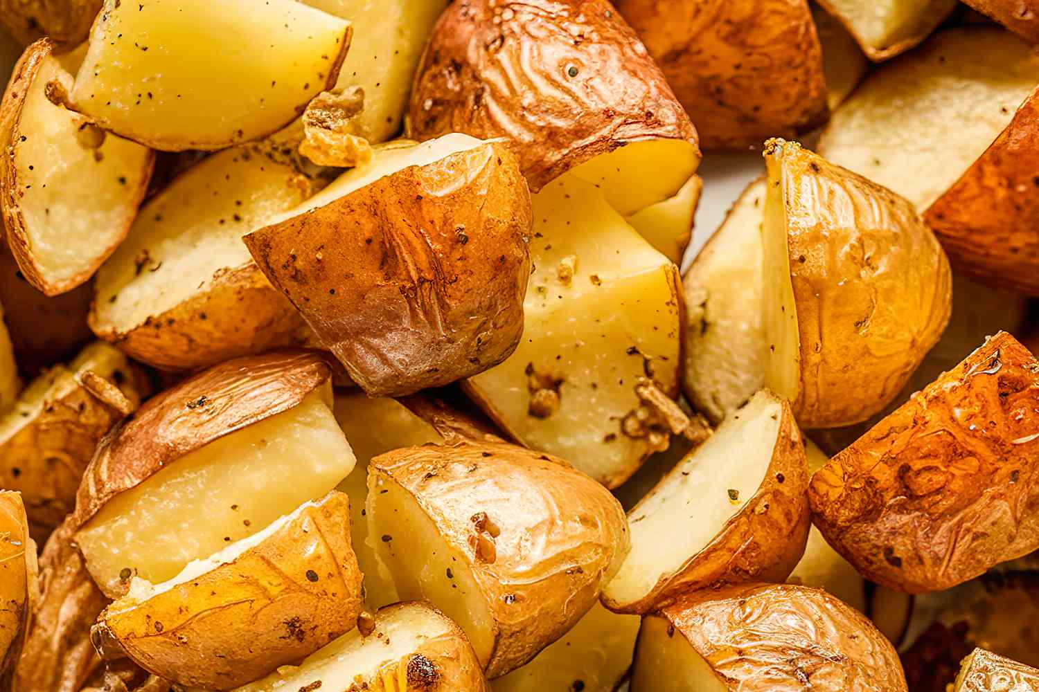 Closeup of golden-brown, seasoned, and roasted diced potatoes